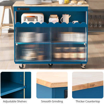 Kitchen Island with Drop Leaf, LED Light Kitchen Cart on Wheels with Power Outlets, 2 Sliding Fluted Glass Doors, Large Kitchen Island Cart with 2 Cabinet and 1 open Shelf (Navy Blue)