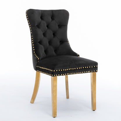 A&A Furniture,Nikki Collection Modern, High-end Tufted Solid Wood Contemporary Velvet Upholstered Dining Chair with Golden Stainless Steel Plating Legs,Nailhead Trim,Set of 2，Black and Gold, SW1601BK