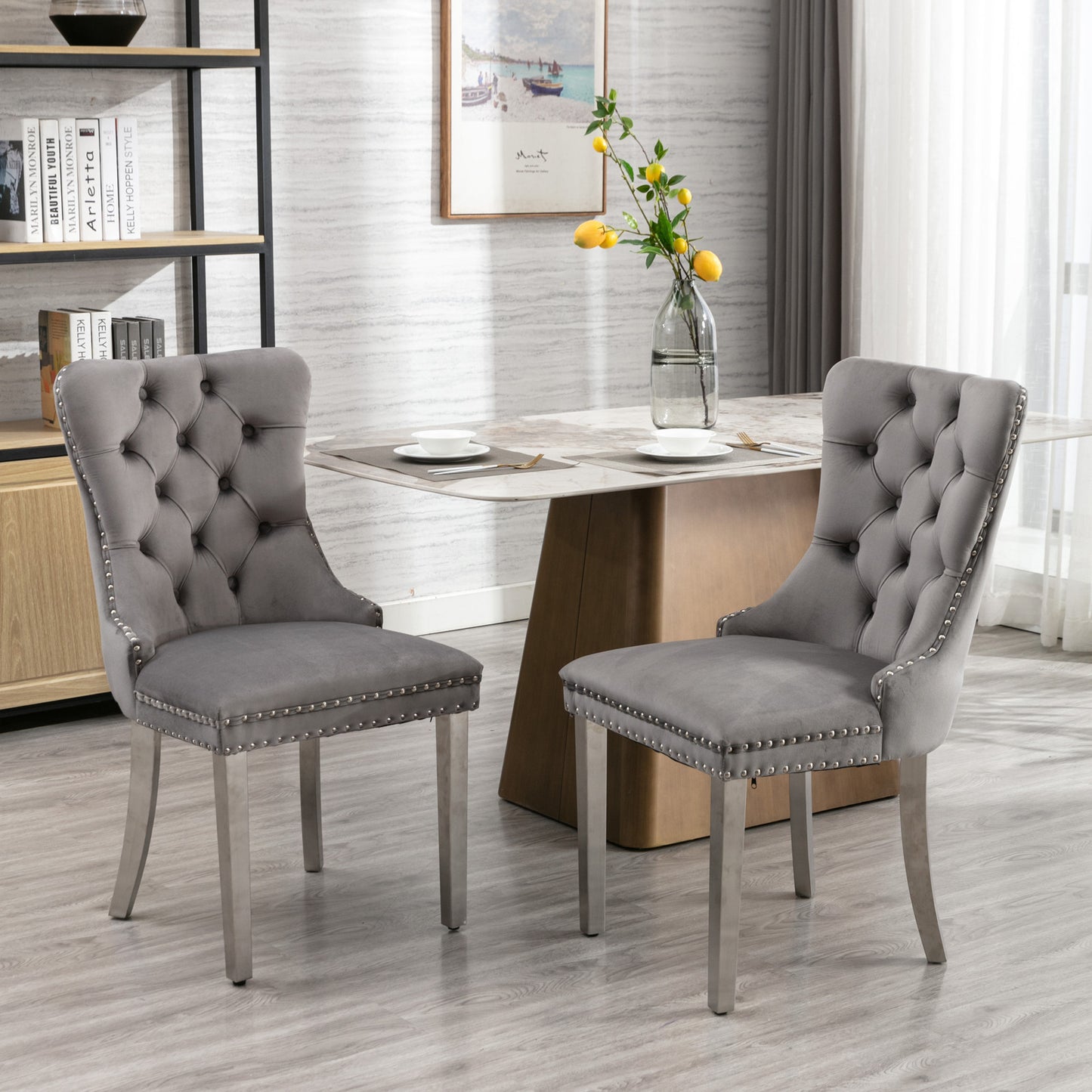 A&A Furniture,Nikki Collection Modern, High-end Tufted Solid Wood Contemporary Velvet Upholstered Dining Chair with Chrome Stainless Steel Plating Legs,Nailhead Trim,Set of 2,Gray and Chrome, SW1701GY