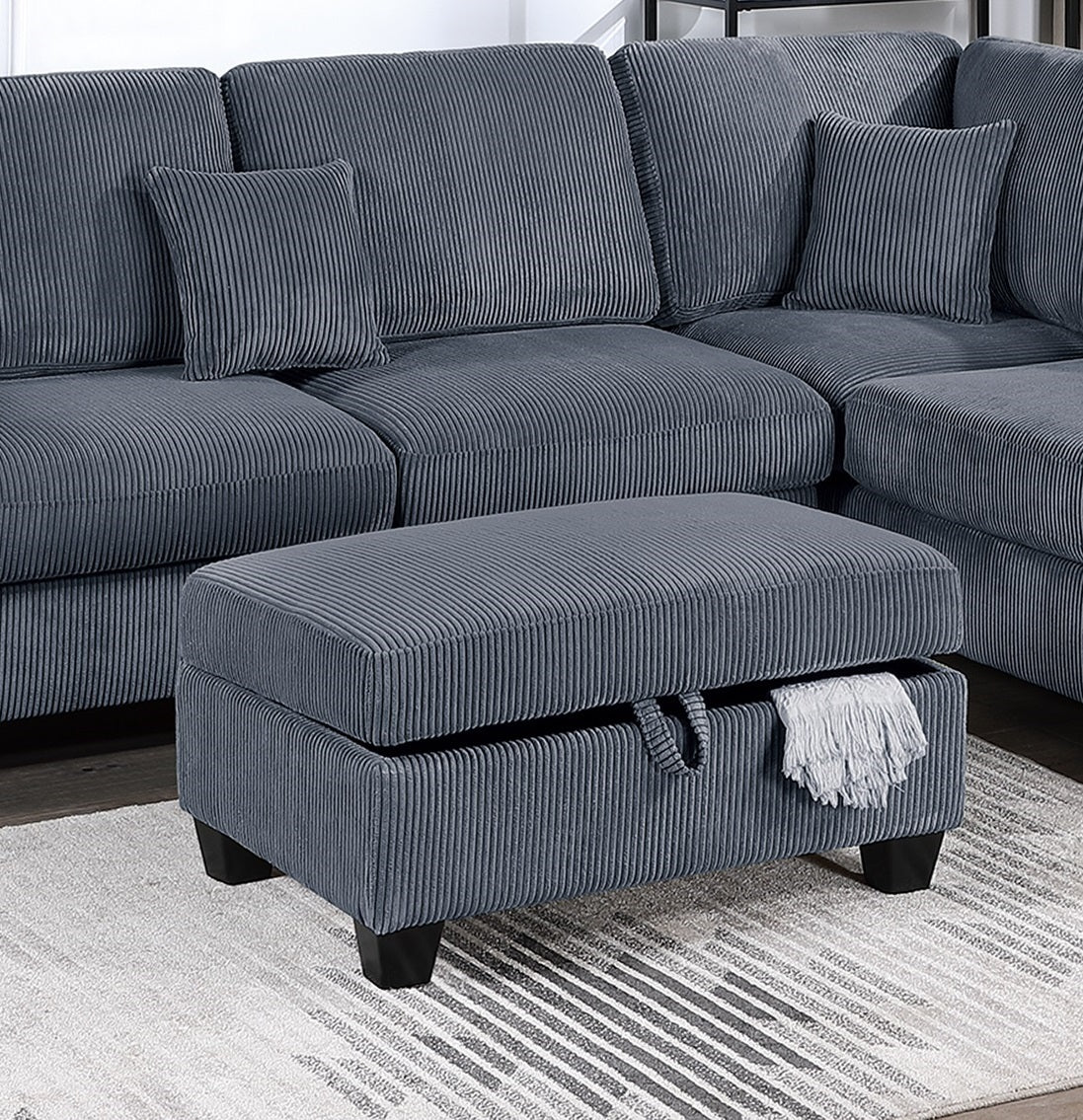 Contemporary Dark Gray 3pc Sectional Set Corduroy Upholstered LAF Sofa RAF Chaise Ottoman L-Sectional Living Room Furniture