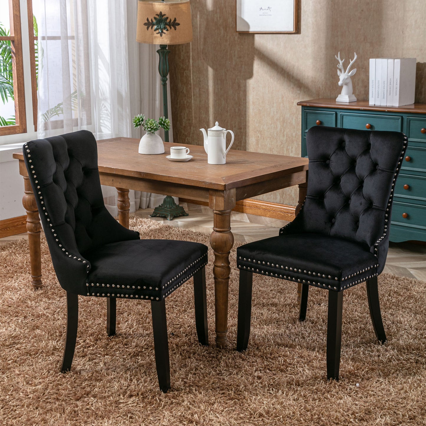 Nikki Collection Modern, High-end Tufted Solid Wood Contemporary Velvet Upholstered Dining Chair with Wood Legs Nailhead Trim 2-Pcs Set, Black, SW2001BK