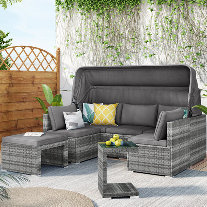 TOPMAX 5 Pieces Outdoor Sectional Patio Rattan Sofa Set Rattan Daybed , PE Wicker Conversation Furniture Set w/ Canopy and Tempered Glass Side Table, Gray