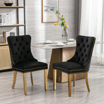 A&A Furniture,Nikki Collection Modern, High-end Tufted Solid Wood Contemporary Velvet Upholstered Dining Chair with Golden Stainless Steel Plating Legs,Nailhead Trim,Set of 2，Black and Gold, SW1601BK