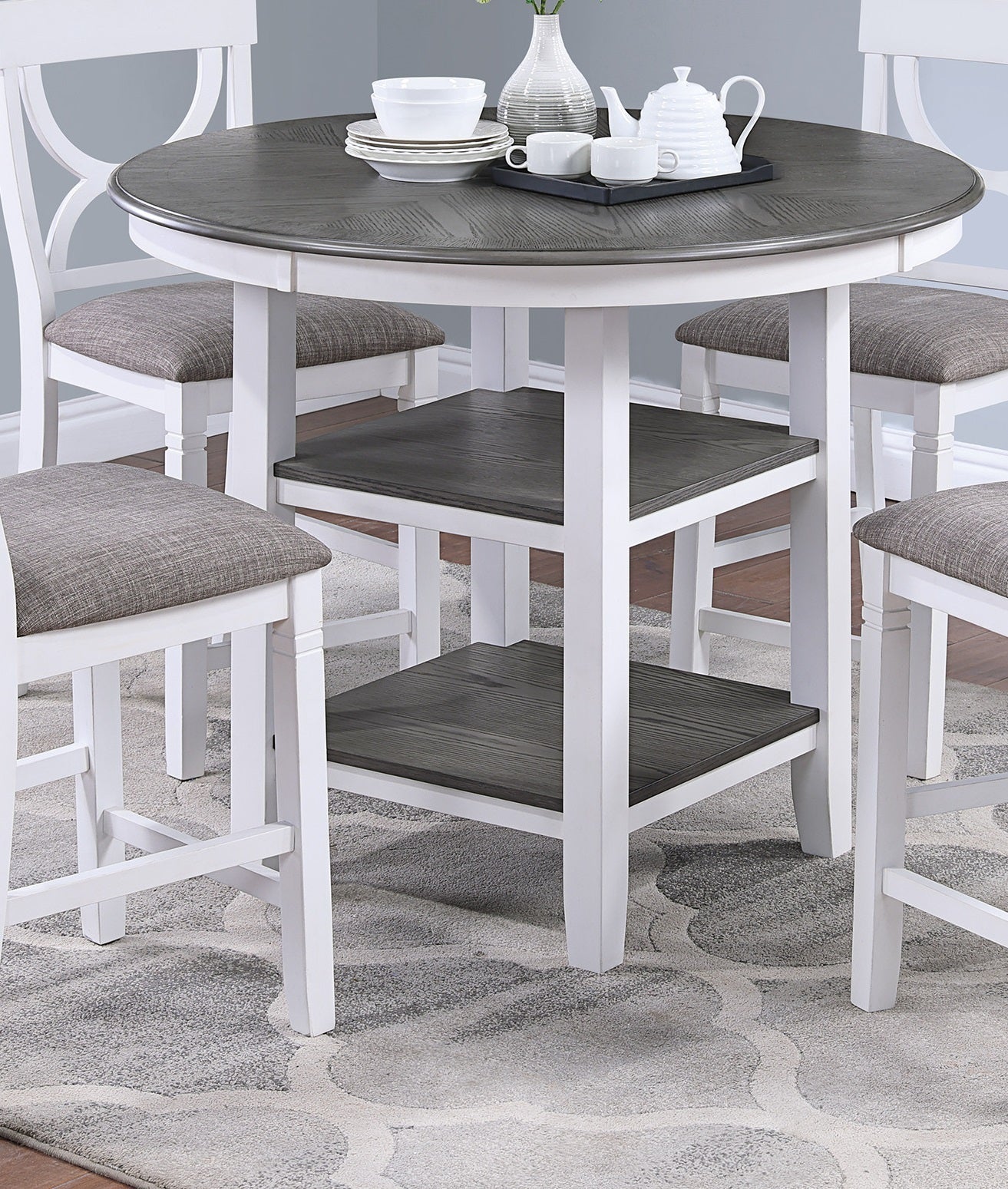 Counter Height Dining Table w Storage Shelve 4x Chairs Padded Seat Unique Design Back 5pc Dining Set White Color