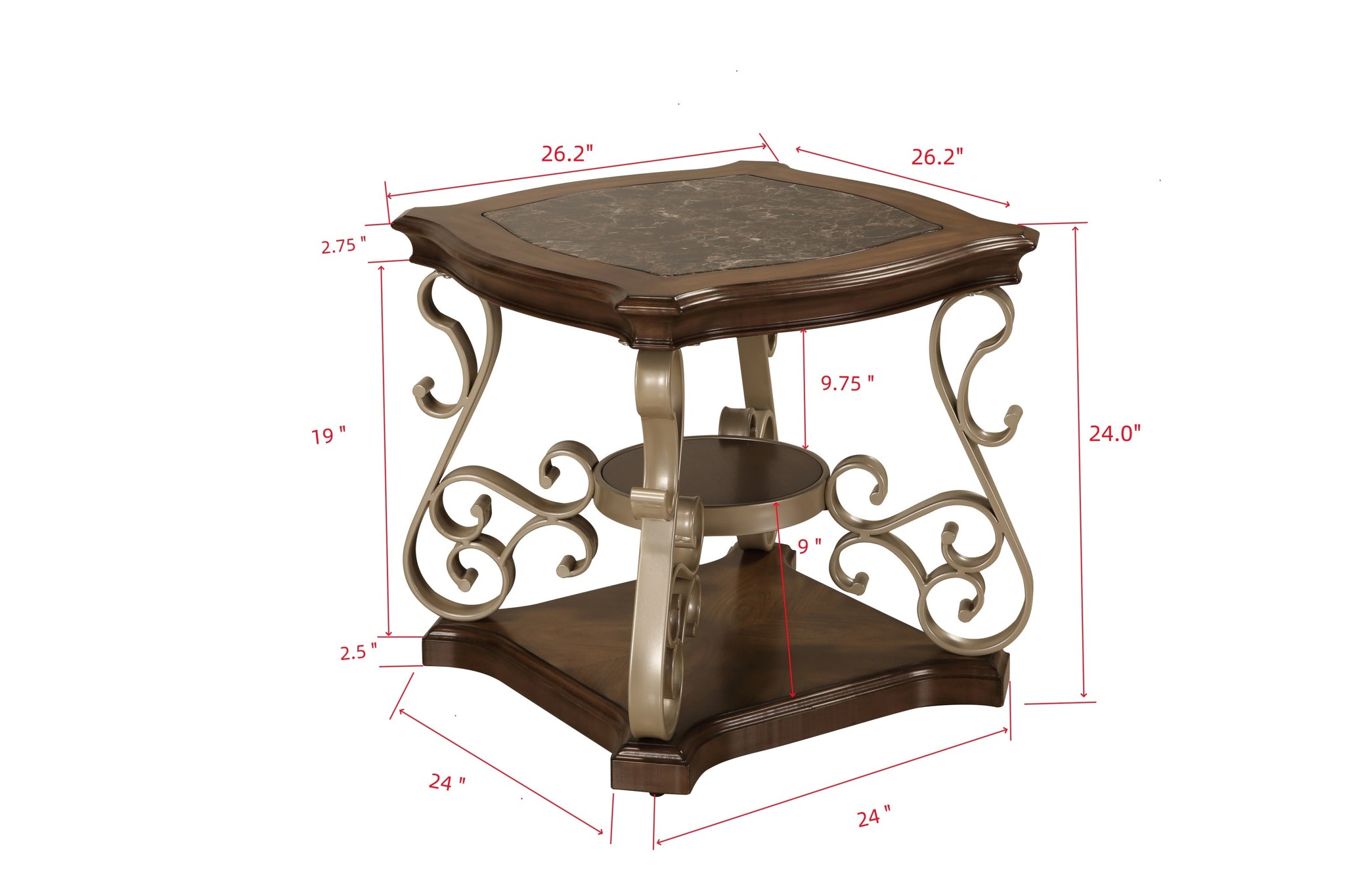 End table, marble paper top,  MDF with brich middle shelf, powder coat finish metal legs. (26.2"Lx26.2"Wx24"H)