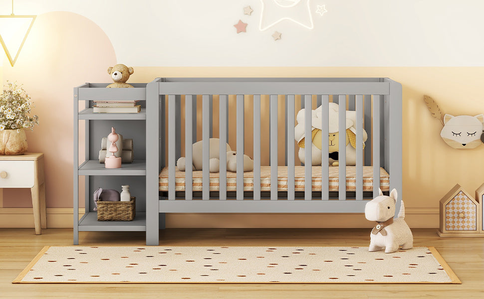 Convertible Crib with Changing Table, Gray