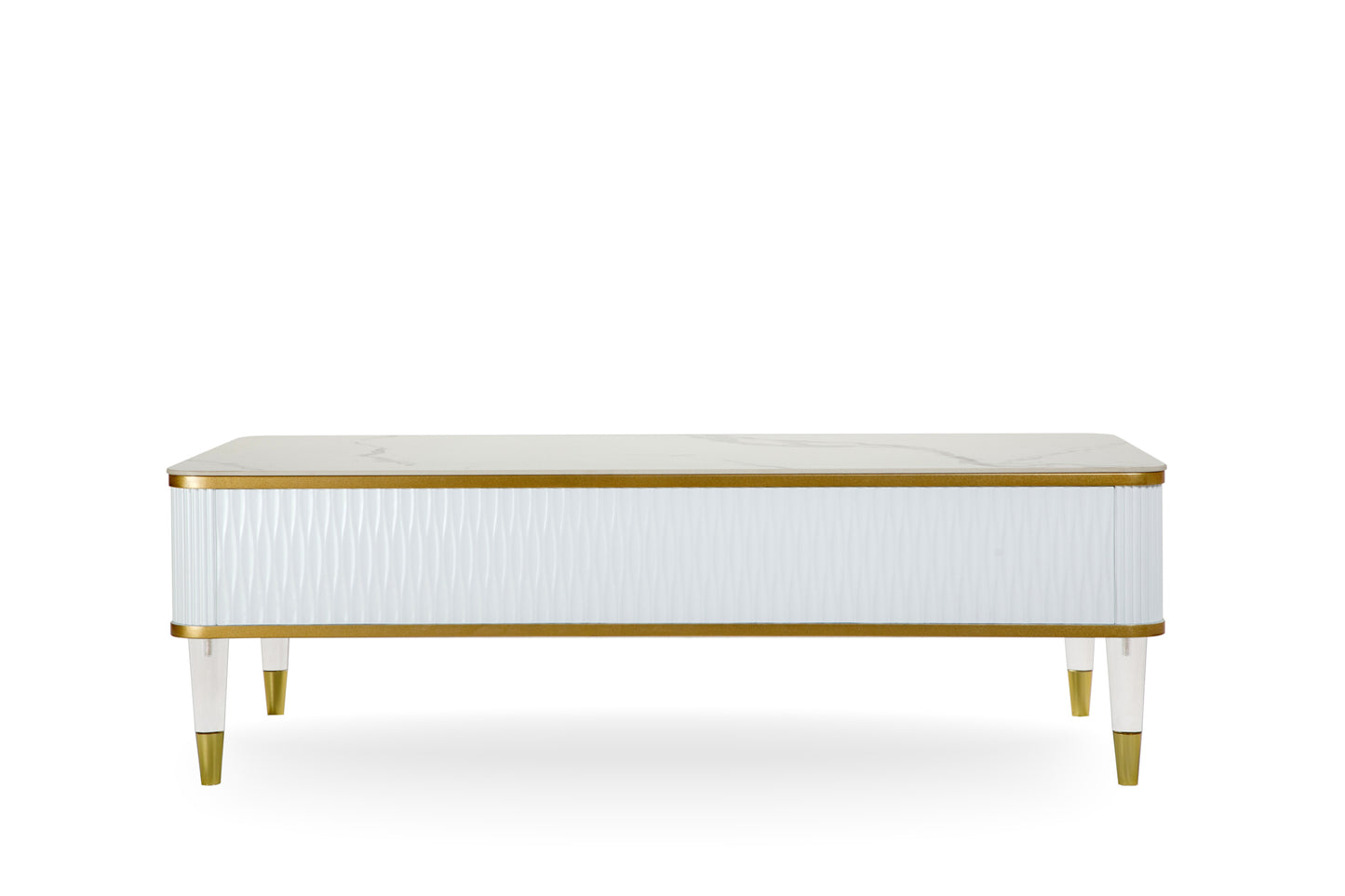 Modern White/Gold tone Sintered Matte Stone Top Coffee Table W/ Drawer