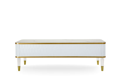 Modern White/Gold tone Sintered Matte Stone Top Coffee Table W/ Drawer