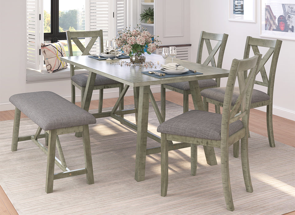 TOPMAX 6 Piece Dining Table Set Wood Dining Table and chair Kitchen Table Set with Table, Bench and 4 Chairs, Rustic Style, Gray(No Difference with SH000109AAE)