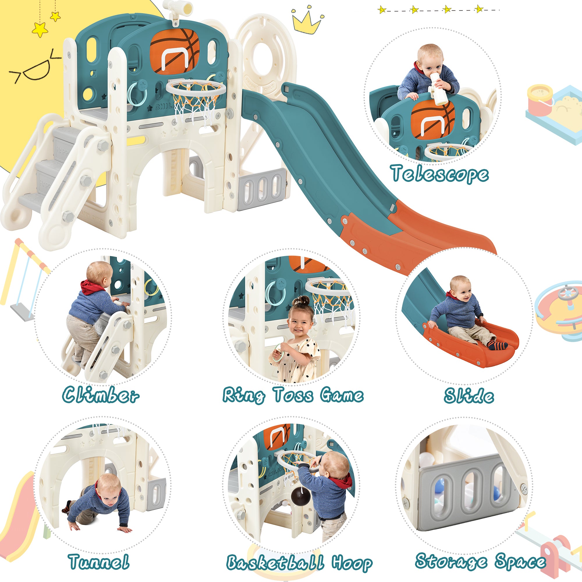 Kids Slide Playset Structure, Freestanding Castle Climbing Crawling Playhouse with Slide, Arch Tunnel, Ring Toss, and Basketball Hoop, Toy Storage Organizer for Toddlers, Kids Climbers Playground