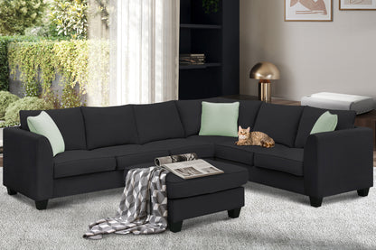 [VIDEO provided] 112*87" Sectional Sofa Couches Living Room Sets 7 Seats Modular Sectional Sofa with Ottoman L Shape Fabric Sofa Corner Couch Set with 3 Pillows, Black