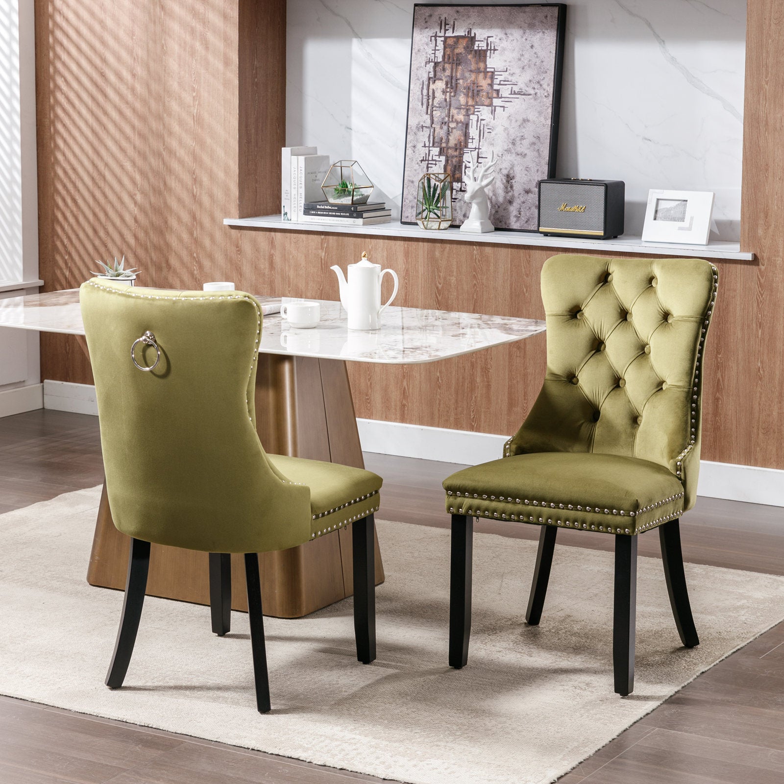 Nikki Collection Modern, High-end Tufted Solid Wood Contemporary Velvet Upholstered Dining Chair with Wood Legs Nailhead Trim 2-Pcs Set,Olive-Green,SW2001OL