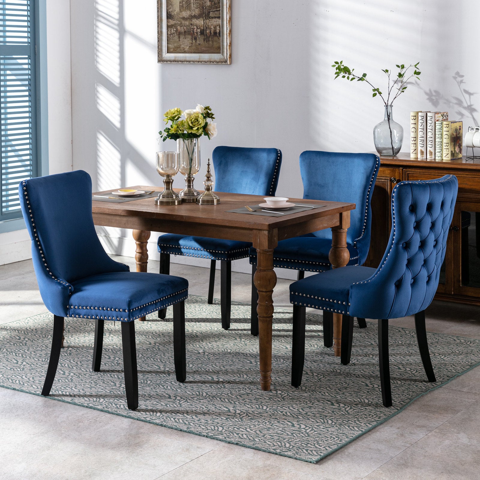 A&A Furniture,Upholstered Wing-Back Dining Chair with Backstitching Nailhead Trim and Solid Wood Legs,Set of 2, Blue,SW8809BL, KD