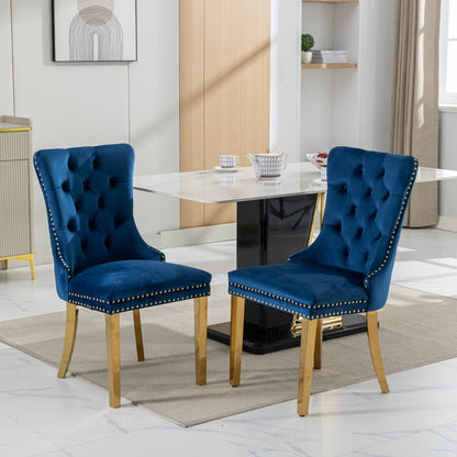 A&A Furniture,Nikki Collection Modern, High-end Tufted Solid Wood Contemporary Velvet Upholstered Dining Chair with Golden Stainless Steel Plating Legs,Nailhead Trim,Set of 2,Blue and Gold, SW1601BL