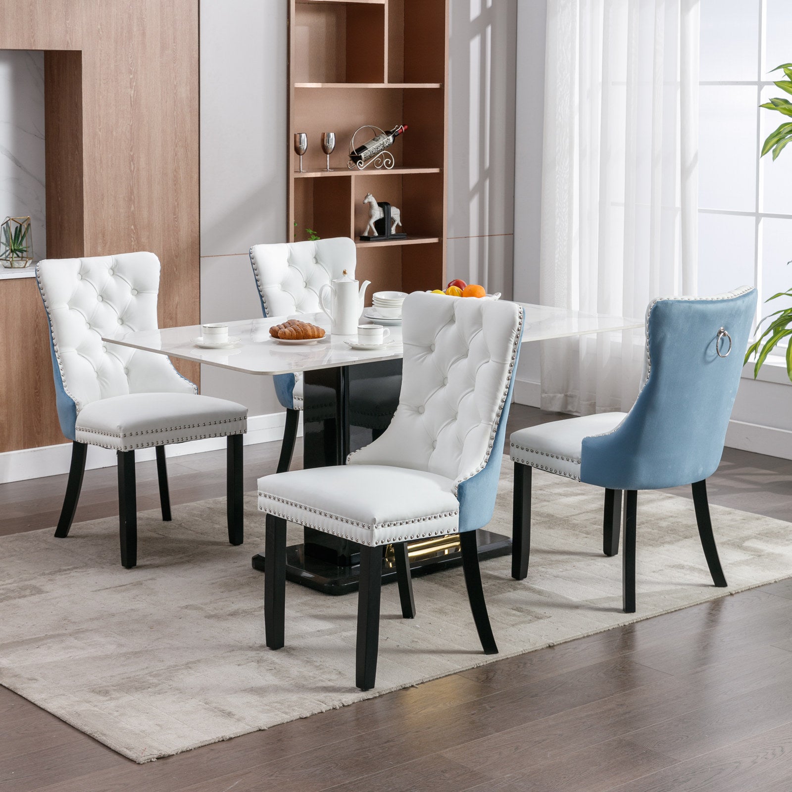 A&A Furniture,Nikki Collection Modern, High-end Tufted Solid Wood Contemporary PU and Velvet Upholstered Dining Chair with Wood Legs Nailhead Trim  2-Pcs Set, White+Light Blue, SW2101WL