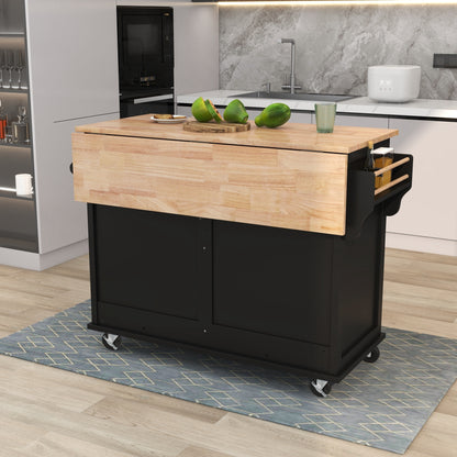 Kitchen Cart with Rubber wood Drop-Leaf Countertop, Concealed sliding barn door adjustable height,Kitchen Island on 4 Wheels with Storage Cabinet and 2 Drawers,L52.2xW30.5xH36.6 inch, Black