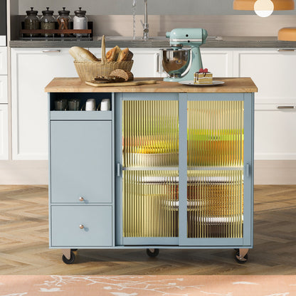 Kitchen Island with Drop Leaf, LED Light Kitchen Cart on Wheels with 2 Fluted Glass Doors and 1 Flip Cabinet Door, Large Kitchen Island Cart with an Adjustable Shelf and 2 Drawers (Grey Blue)