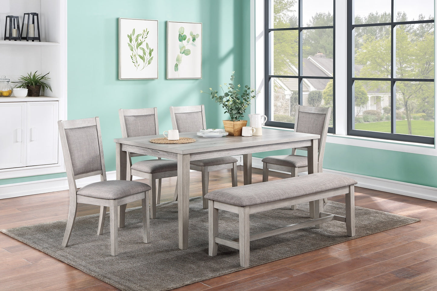 Contemporary Dining 6pc Set Table w 4x Side Chairs And Bench Natural Finish Padded Cushion Seats Chairs Rectangular Dining Table Dining Room Furniture