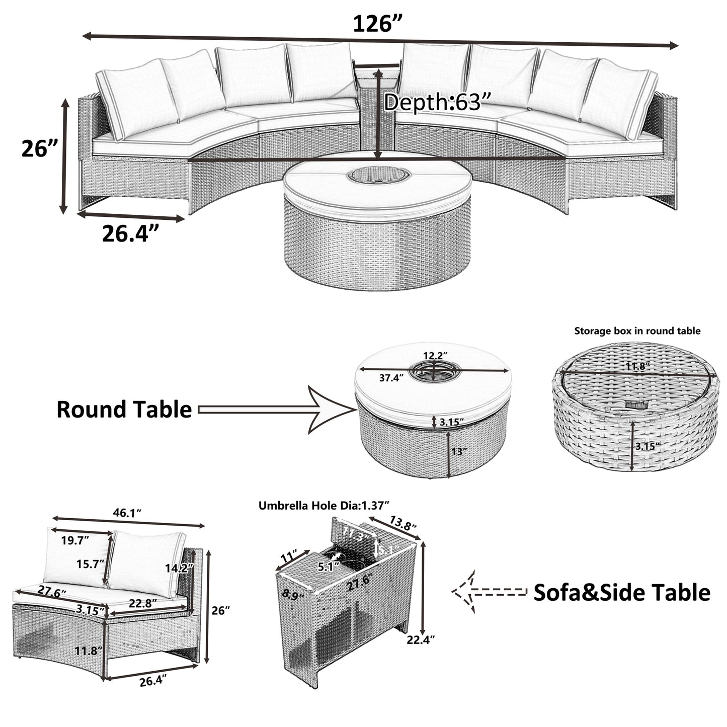 TOPMAX 6 Pieces Outdoor Sectional Half Round Patio Rattan Sofa Set, PE Wicker Conversation Furniture Set w/ One Storage Side Table for Umbrella and One Multifunctional Round Table, Brown+ Gray