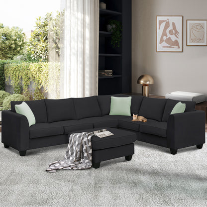 [VIDEO provided] 112*87" Sectional Sofa Couches Living Room Sets, 7 Seats Modular Sectional Sofa with Ottoman, L Shape Fabric Sofa Corner Couch Set with 3 Pillows, Black(New of GS008210AAB)