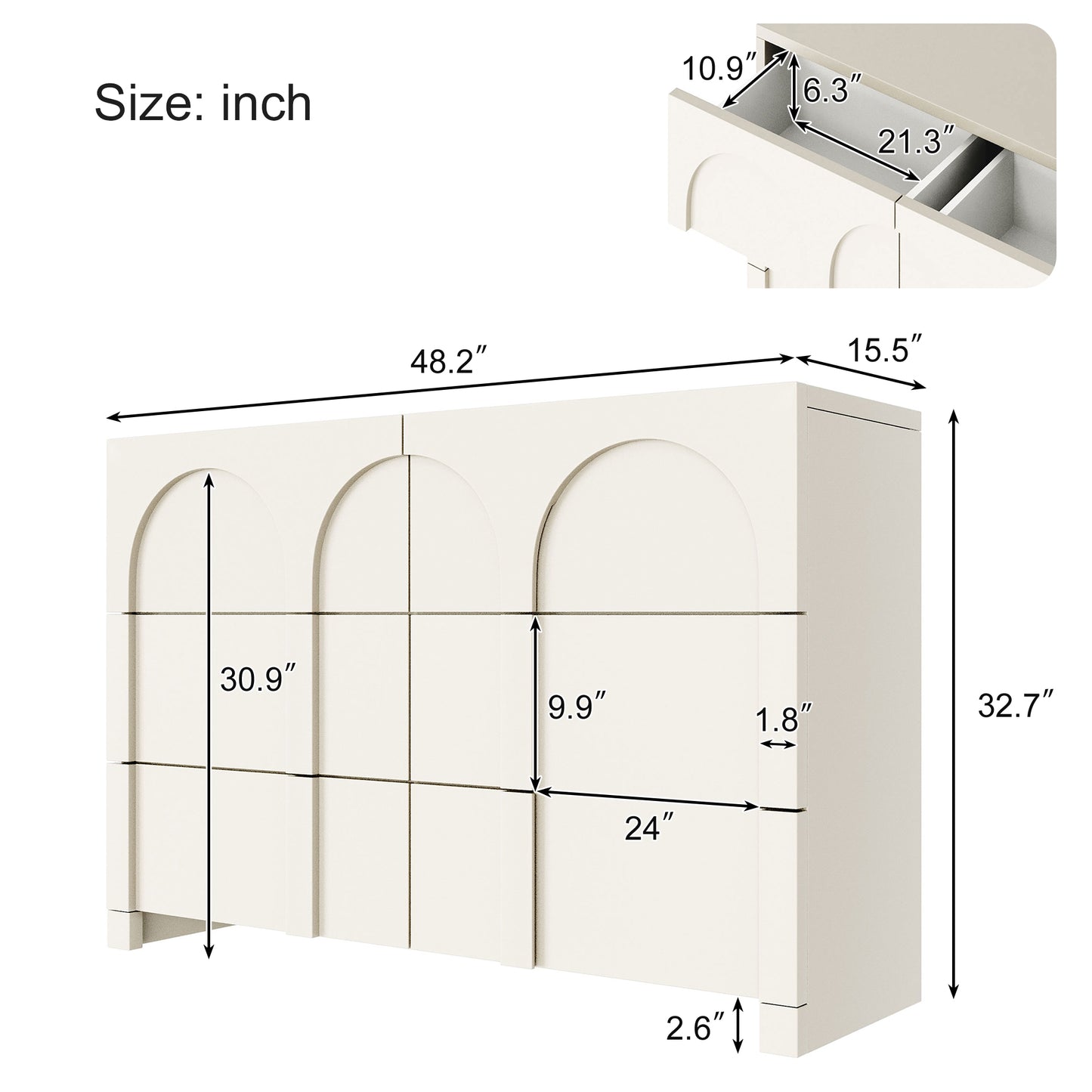 Modern Style Six-Drawer Dresser Sideboard Cabinet Ample Storage Spaces for Living Room, Children's Room, Adult Room, Half Gloss White