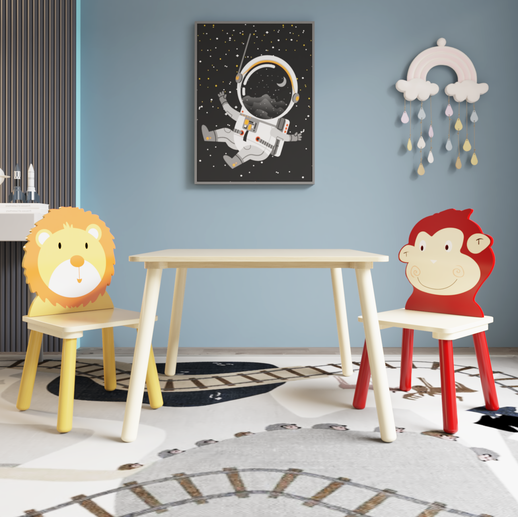 Kids Table and 2 Chairs Set, 3 Pieces Toddler Table and Chair Set, Wooden Activity Play Table Set (Lion&Monkey)