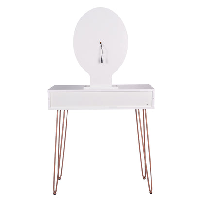 Dressing Table White Vanity Set with 3-Color Dimmable Lighted Mirror Makeup Desk with 2 Drawers and Yellow Padded Stool