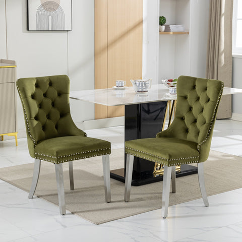 Nikki Collection Modern, High-end Tufted Solid Wood Contemporary Velvet Upholstered Dining Chair with Chrome Stainless Steel Plating Legs,Nailhead Trim,Set of 2,Olive-Green and Chrome, SW1701OL