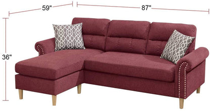 Paparika Red Color Polyfiber Reversible Sectional Sofa Set Chaise Pillows Plush Cushion Couch Nailheads