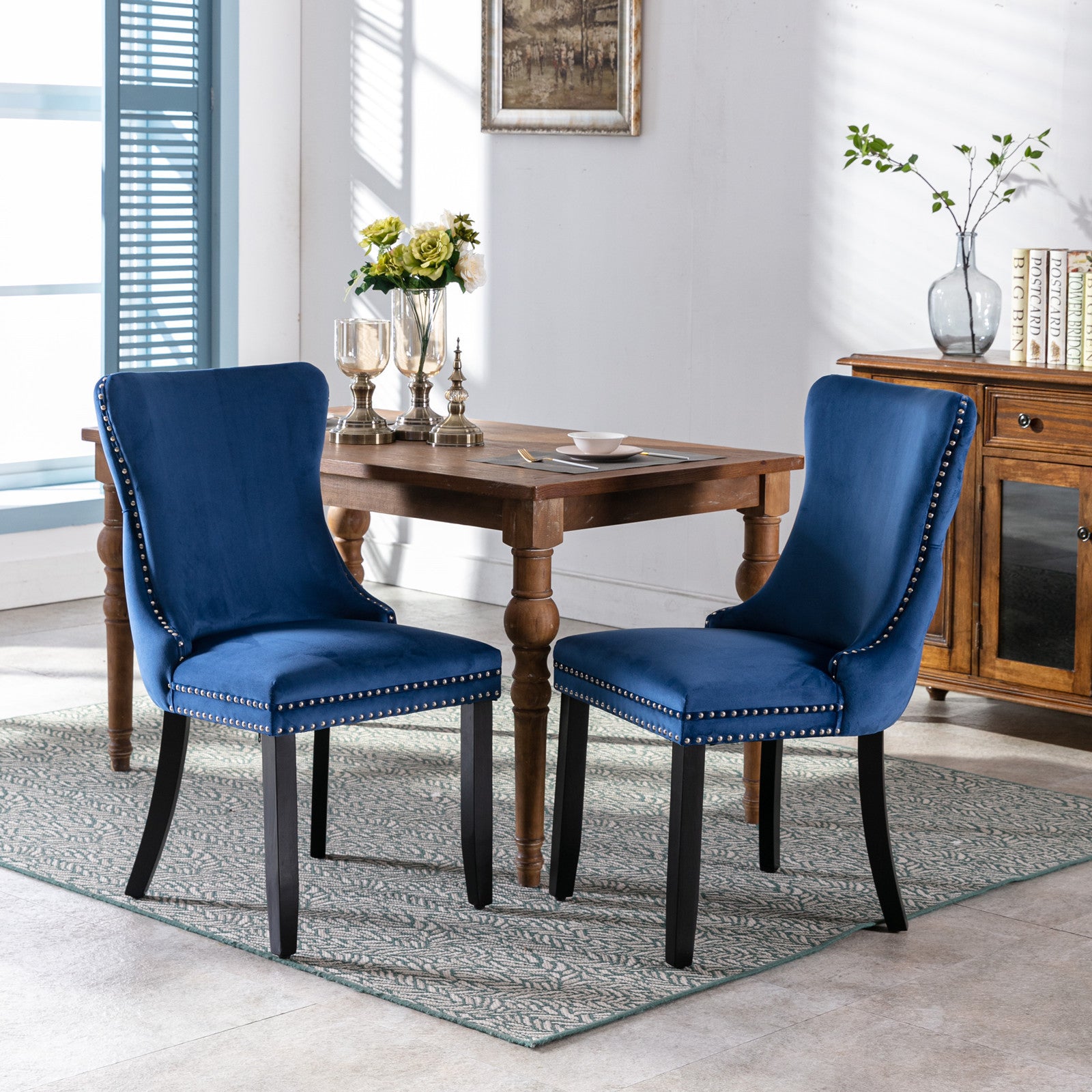 A&A Furniture,Upholstered Wing-Back Dining Chair with Backstitching Nailhead Trim and Solid Wood Legs,Set of 2, Blue,SW8809BL, KD