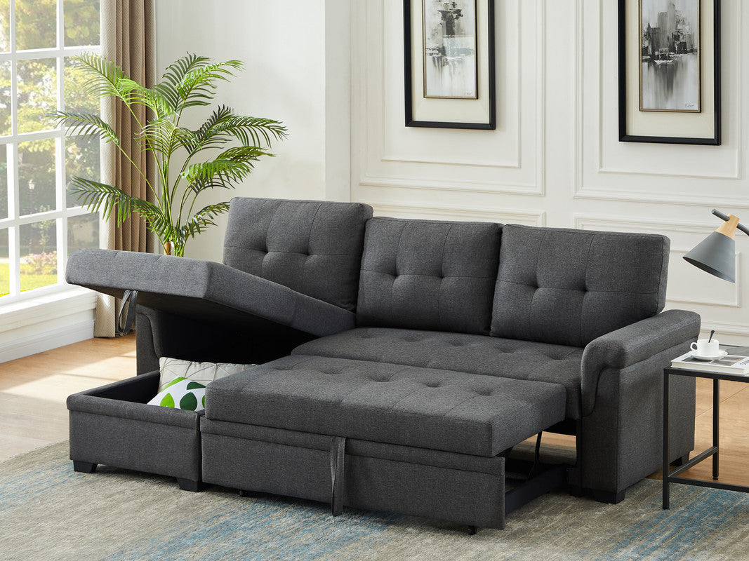 Hunter 84" Dark Gray Linen Reversible Sleeper Sectional Sofa with Storage Chaise