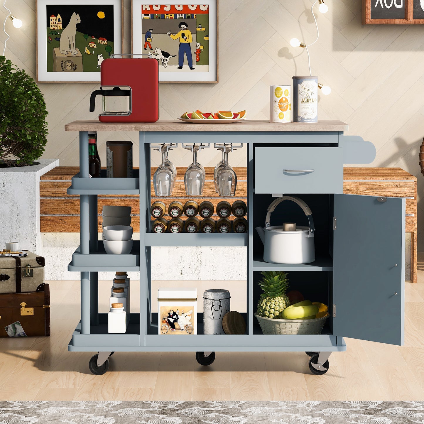 Multipurpose Kitchen Cart Cabinet with Side Storage Shelves,Rubber Wood Top, Adjustable Storage Shelves, 5 Wheels, Kitchen Storage Island with Wine Rack for Dining Room, Home,Bar,Grey Blue