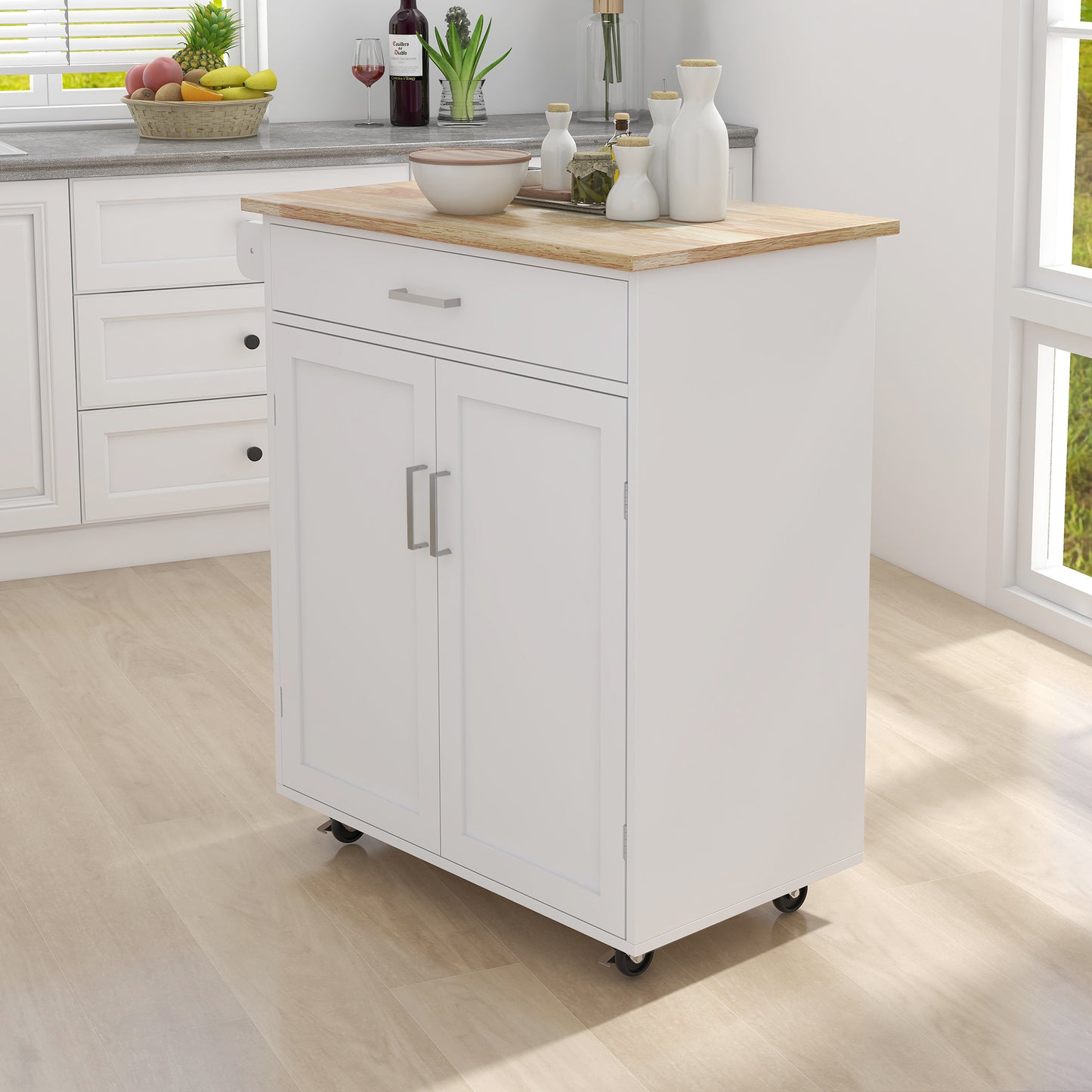 Kitchen island rolling trolley cart with towel rack rubber wood table top