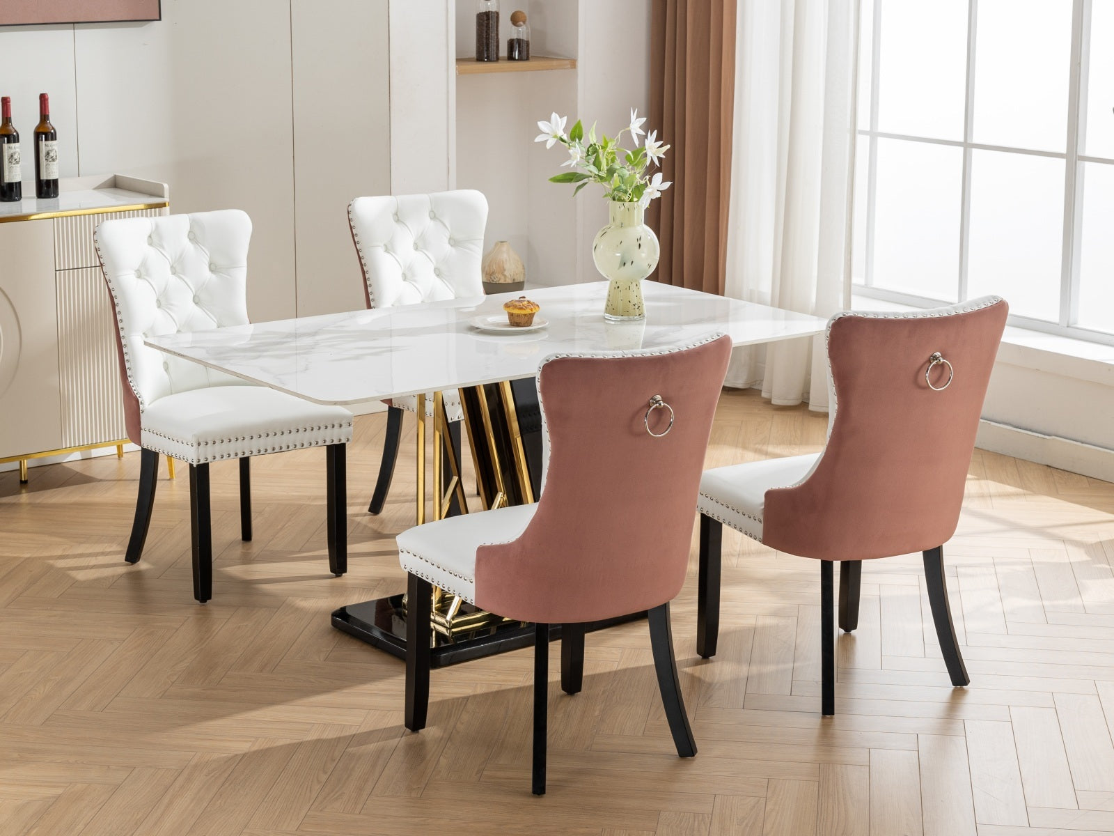 A&A Furniture, Nikki Collection Modern, High-end Tufted Solid Wood Contemporary PU and Velvet Upholstered Dining Chair with Wood Legs Nailhead Trim  2-Pcs Set, White+Pink, SW2101WP