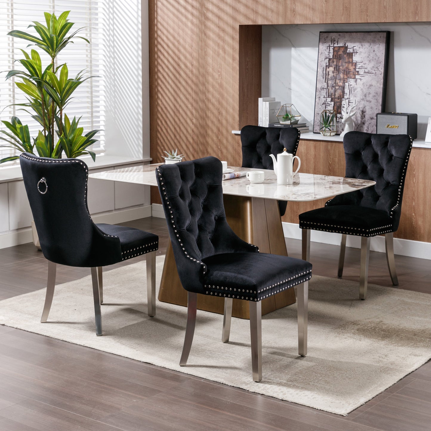 Nikki Collection Modern, High-end Tufted Solid Wood Contemporary Velvet Upholstered Dining Chair with Chrome Stainless Steel Plating Legs,Nailhead Trim,Set of 2,Black and Chrome, SW1701BK