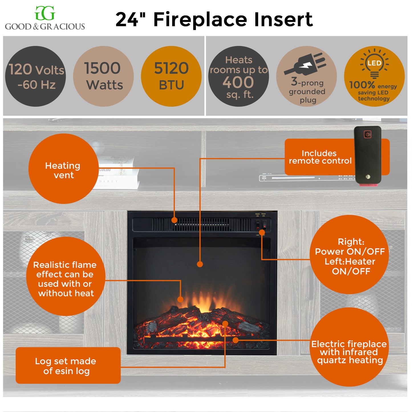 Modern Farmhouse TV Stand with Electric Fireplace, Fit up to 65" Flat Screen TV with Storage Cabinet and Adjustable Shelves Industrial Entertainment Center for Living Room, Grey