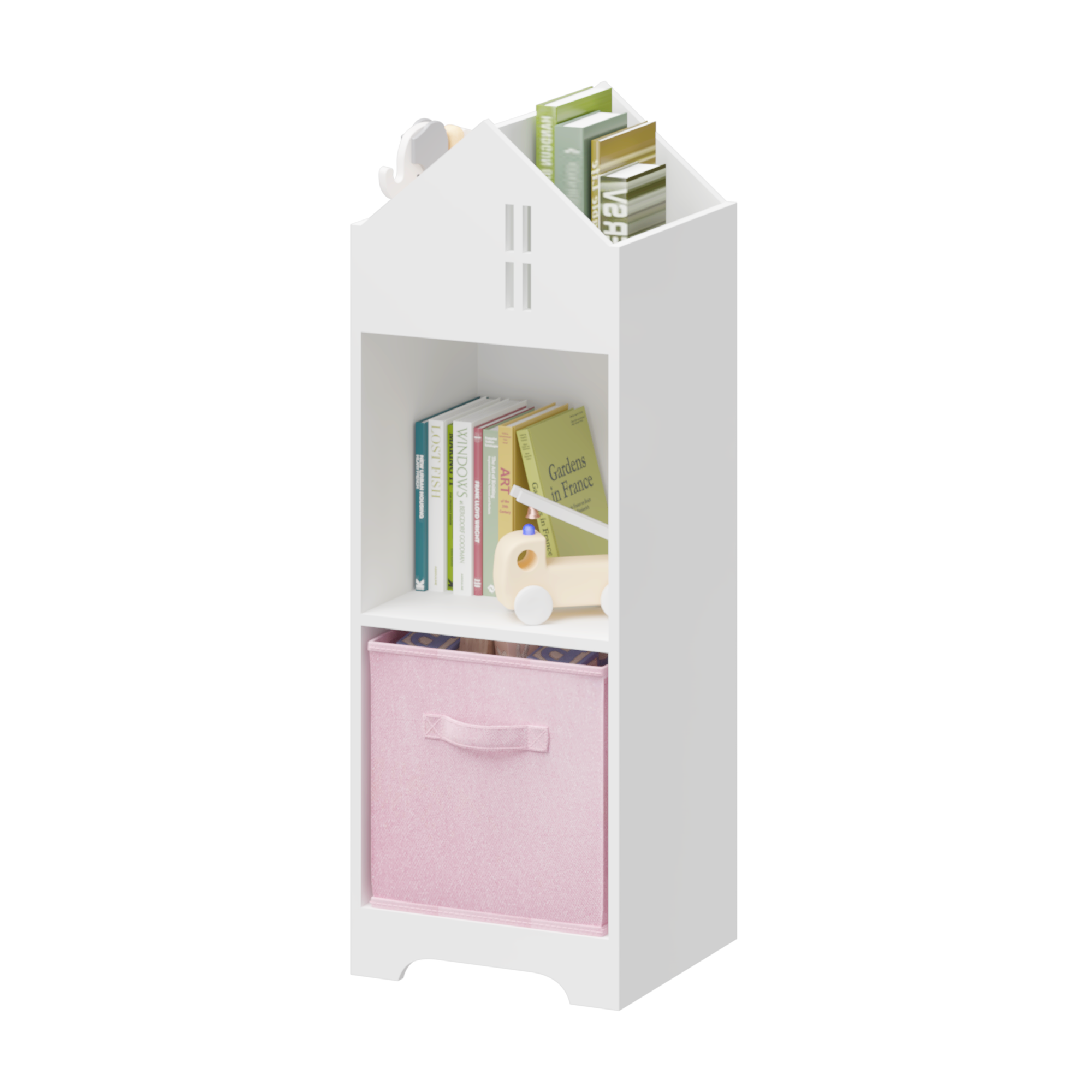 Kids Dollhouse Bookcase with Storage, 2-Tier Storage Display Organizer, Toddler Bookshelf with Collapsible Fabric Drawers for Bedroom or Playroom (White/Pink)