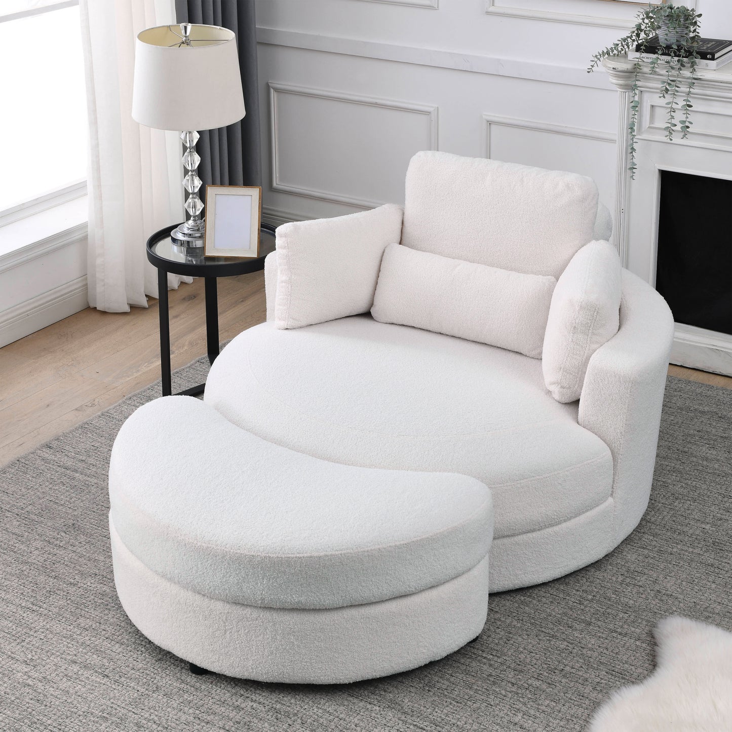 [Video] Welike Swivel Accent Barrel Modern Sofa Lounge Club Big Round Chair with Storage Ottoman Linen Fabric for Living Room Hotel with Pillows,Teddy White (Ivory)