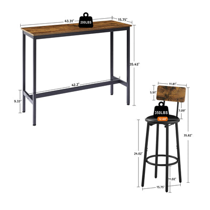 Bar Table Set with 2 Bar stools PU Soft seat with backrest, Rustic Brown,43.31'' L x 15.75'' W x 23.62'' H.