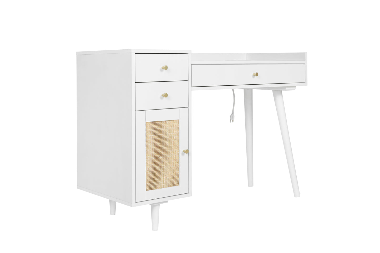 Makeup Vanity with Drawers, Mid-Century Dressing Table White Wood Desk with Rattan Door