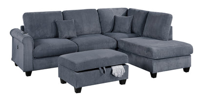 Contemporary Dark Gray 3pc Sectional Set Corduroy Upholstered LAF Sofa RAF Chaise Ottoman L-Sectional Living Room Furniture