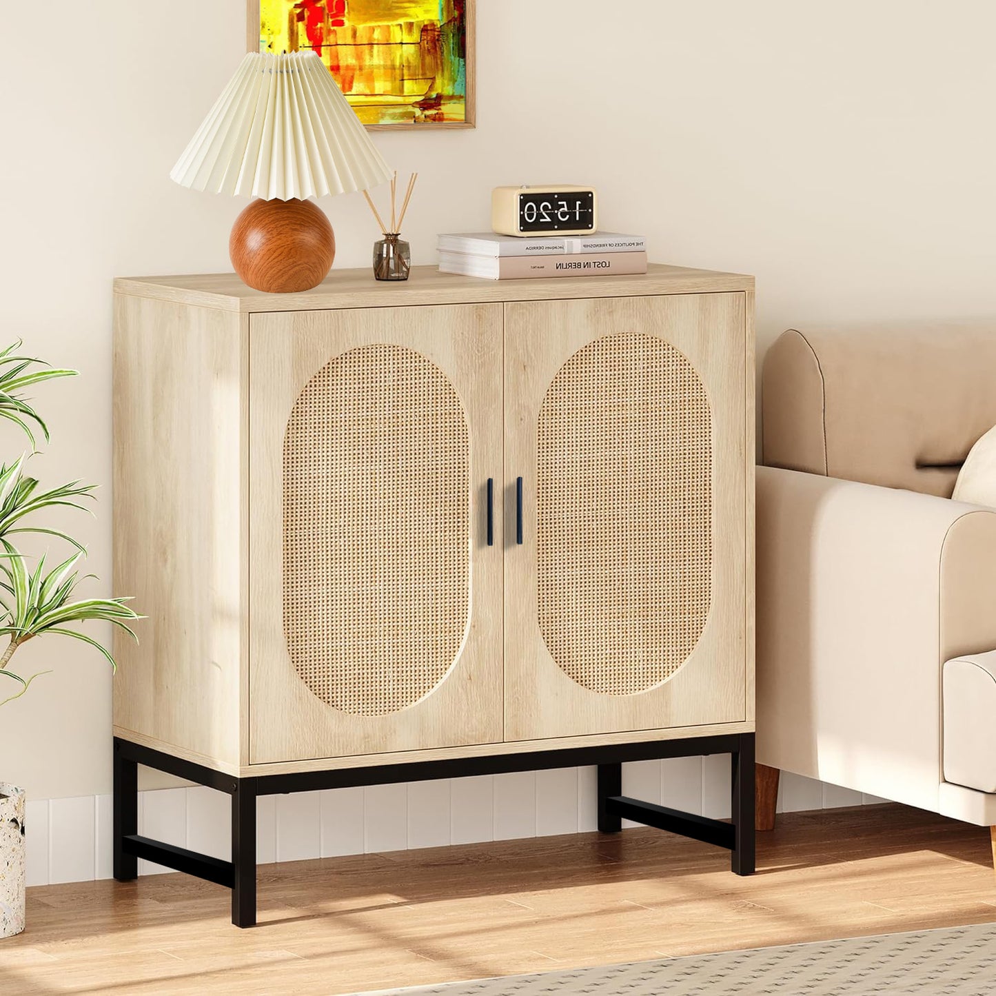 Glavbiku New Modern Rattan Arched 2 Door Storage Cabinet,Accent Cabinet with Metal Legs,31in L