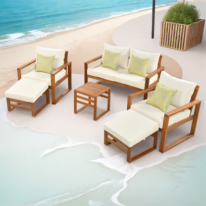 TOPMAX Outdoor Patio Wood 6-Piece Conversation Set, Sectional Garden Seating Groups Chat Set with Ottomans and Cushions for Backyard, Poolside, Balcony, Beige