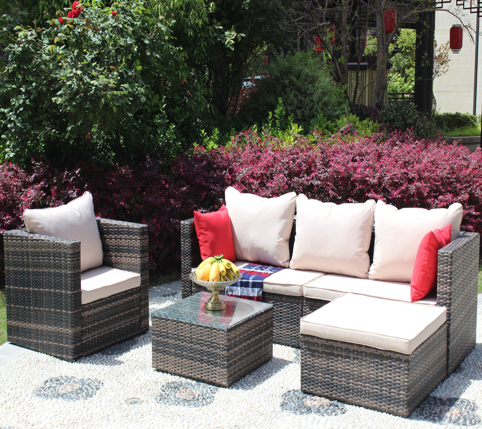 Rattan Patio Furniture Set Wicker Sofa Cushioned Sectional Furniture Set Garden Patio Sofa Set (4 Pieces, Brown)