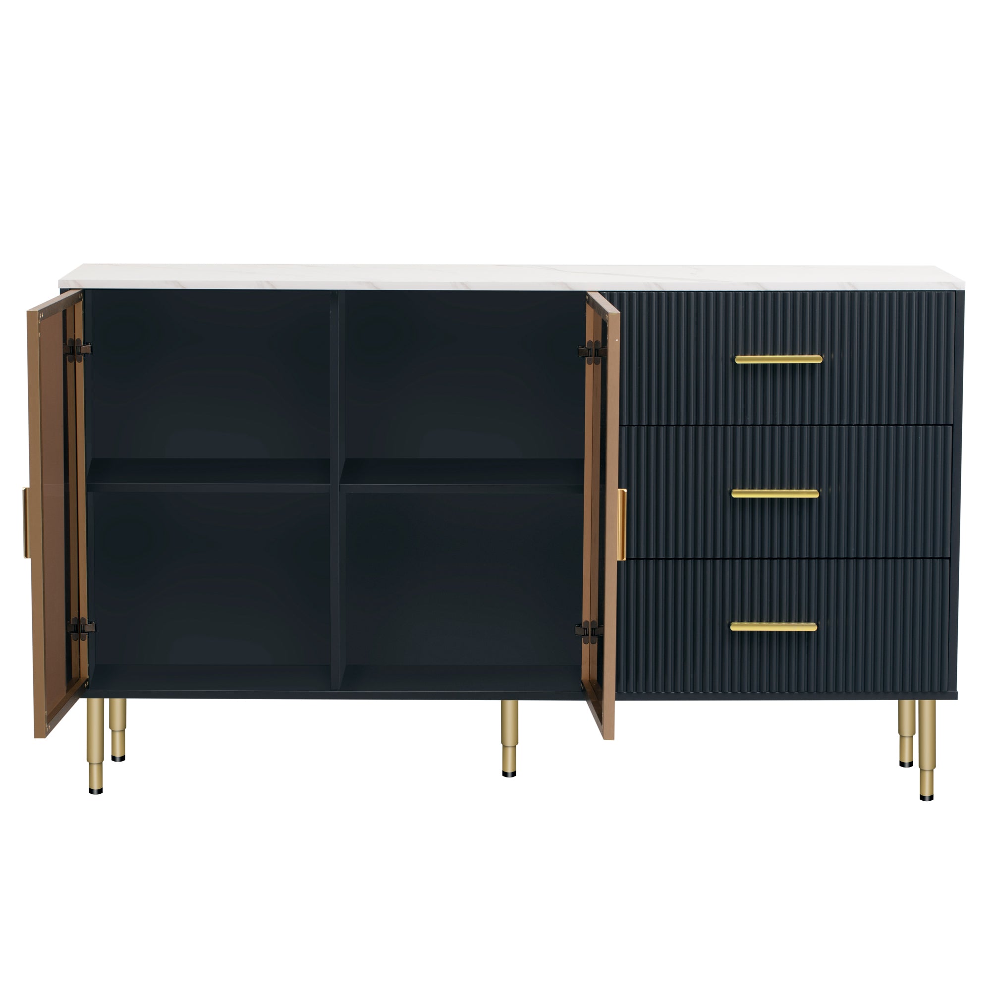 TREXM Modern Sideboard MDF Buffet Cabinet Marble Sticker Tabletop and Amber-yellow Tempered Glass Doors with Gold Metal Legs & Handles (Navy Blue)