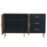 TREXM Modern Sideboard MDF Buffet Cabinet Marble Sticker Tabletop and Amber-yellow Tempered Glass Doors with Gold Metal Legs & Handles (Navy Blue)