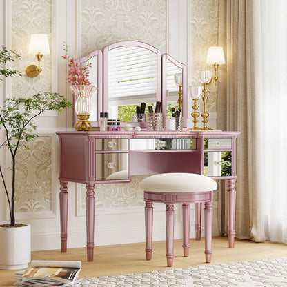 GO 43" Dressing Table Set with Mirrored Drawers and Stool, Tri-fold Mirror, Makeup Vanity Set for Bedroom, Rose Gold