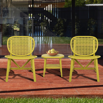 3 Pieces Hollow Design Patio Table Chair Set All Weather Conversation Bistro Set Outdoor Coffee Table with Open Shelf and Lounge Chairs with Widened Seat for Balcony Garden Yard Yellow