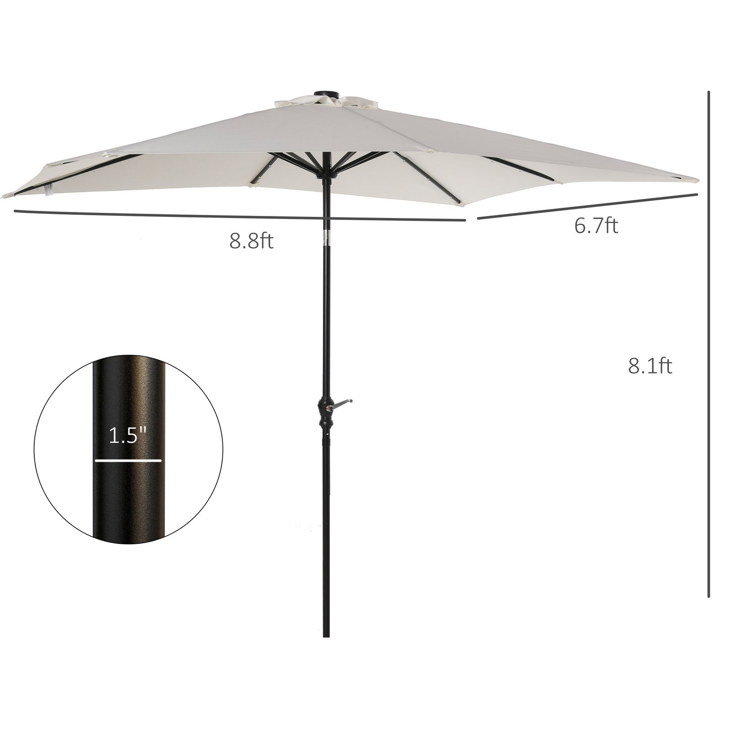 Outsunny 9' x 7' Solar Umbrella, LED Lighted Patio Umbrella for Table or Base with Tilt & Crank, Outdoor Umbrella for Garden, Deck, Backyard, Pool, Beach, White