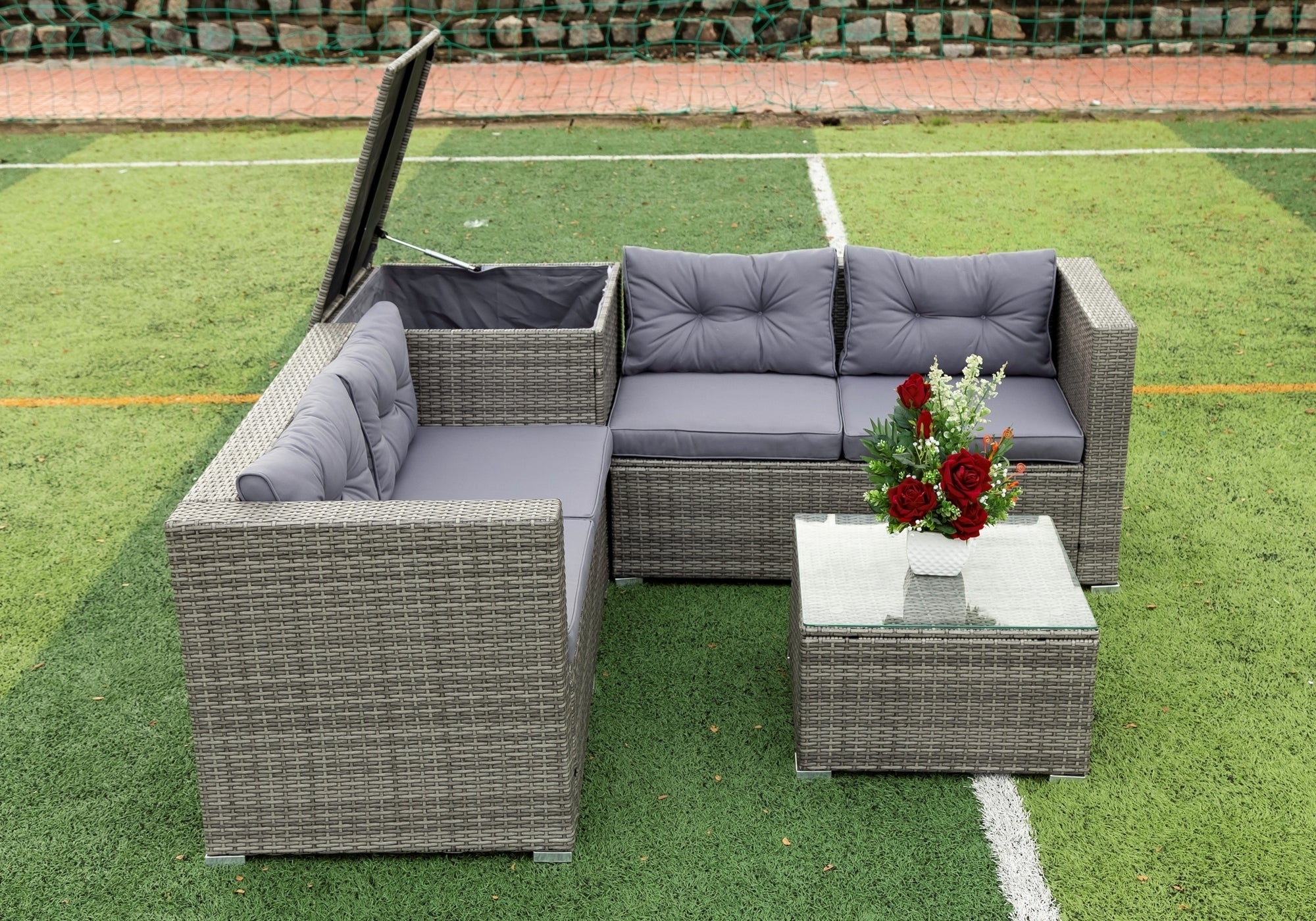 4 Piece Patio Sectional Wicker Rattan Outdoor Furniture Sofa Set with Storage Box Grey